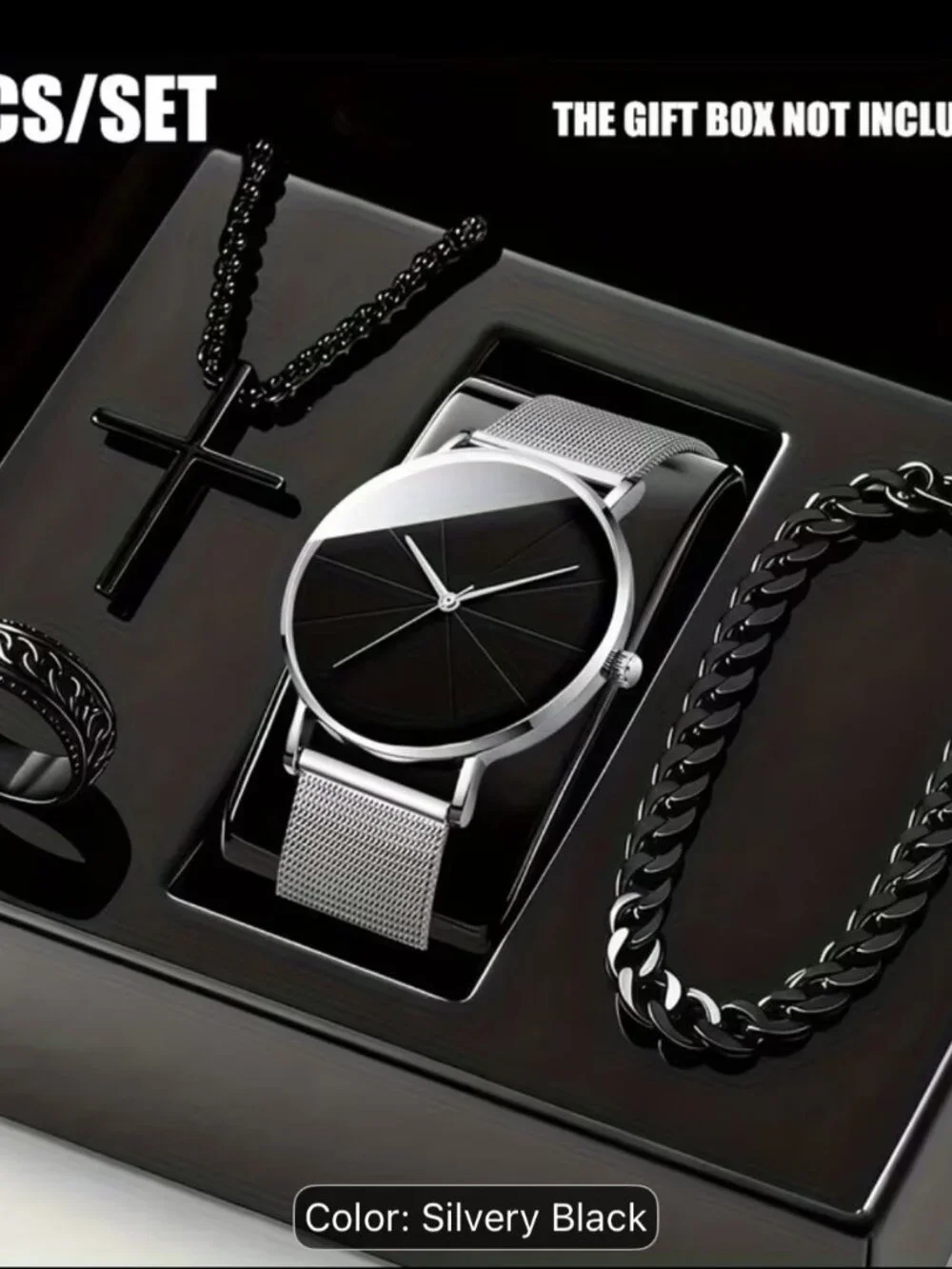 4pcs/set Men's  Watch Jewelry Fashion Set (watch with silver bands with black fa